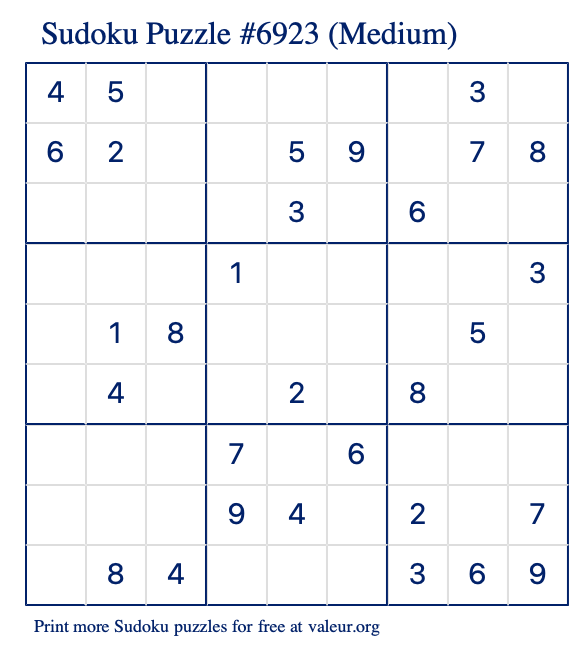 Free Printable Medium Sudoku Puzzle number 6923