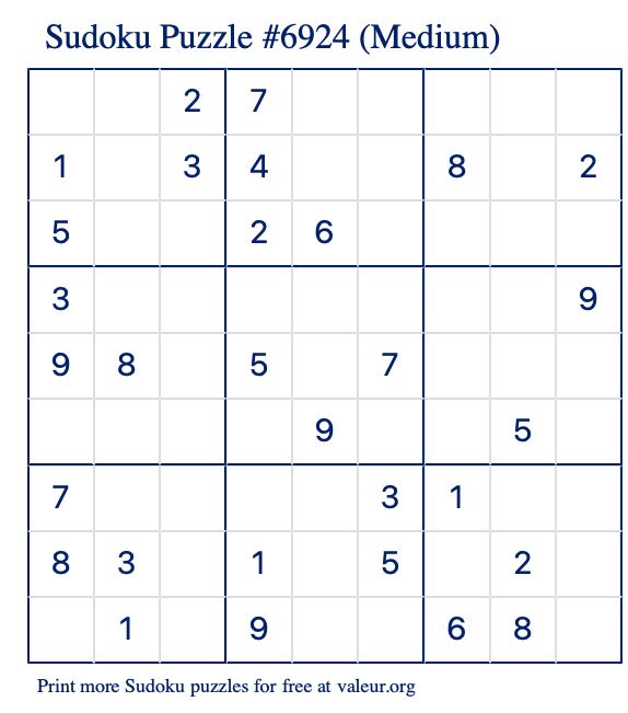 Free Printable Medium Sudoku Puzzle number 6924