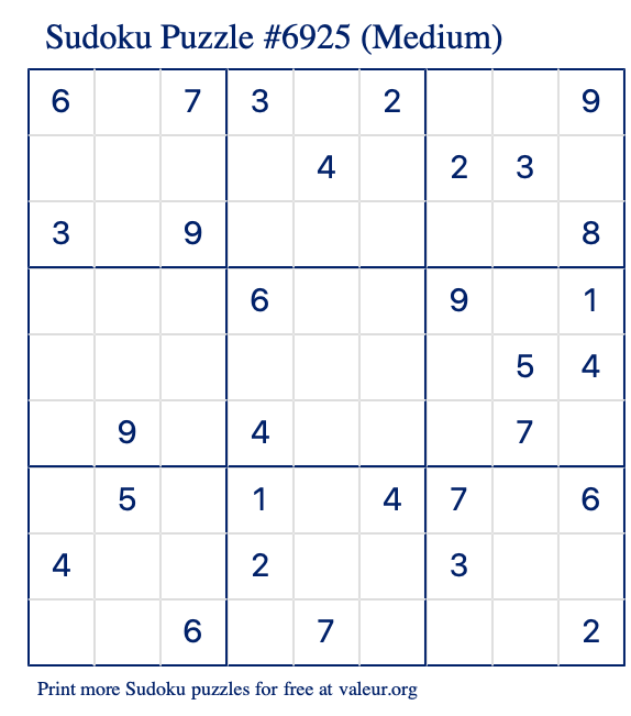 Free Printable Medium Sudoku Puzzle number 6925