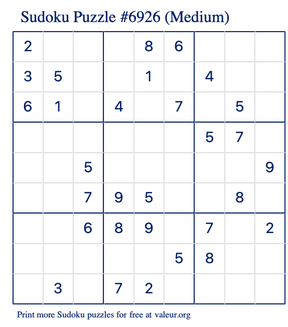 Free Printable Medium Sudoku Puzzle number 6926