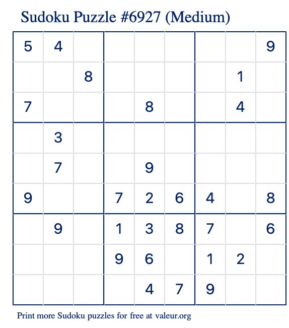 Free Printable Medium Sudoku Puzzle number 6927