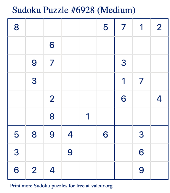 Free Printable Medium Sudoku Puzzle number 6928