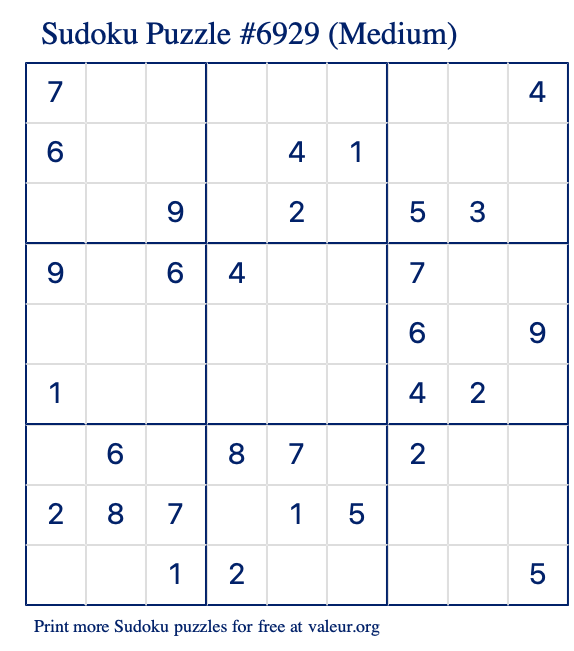 Free Printable Medium Sudoku Puzzle number 6929