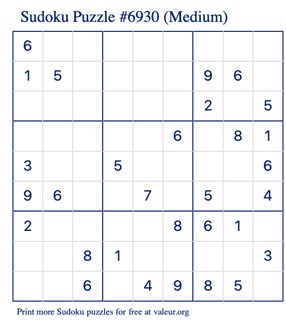 Free Printable Medium Sudoku Puzzle number 6930