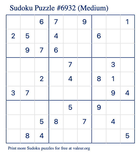 Free Printable Medium Sudoku Puzzle number 6932