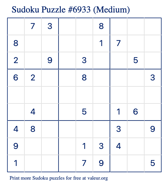 Free Printable Medium Sudoku Puzzle number 6933