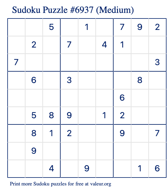 Free Printable Medium Sudoku Puzzle number 6937
