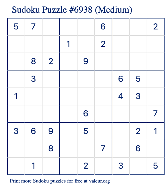 Free Printable Medium Sudoku Puzzle number 6938
