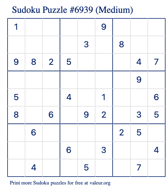 Free Printable Medium Sudoku Puzzle number 6939