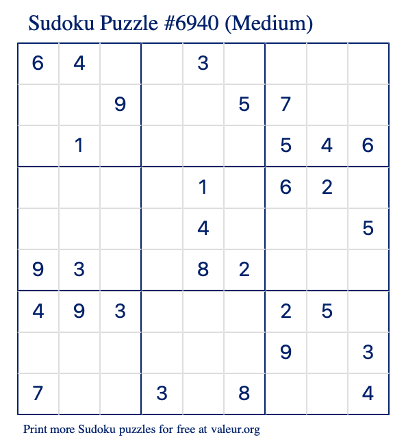 Free Printable Medium Sudoku Puzzle number 6940