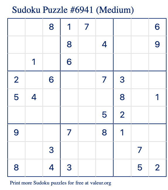 Free Printable Medium Sudoku Puzzle number 6941