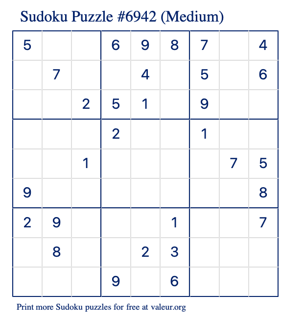 Free Printable Medium Sudoku Puzzle number 6942