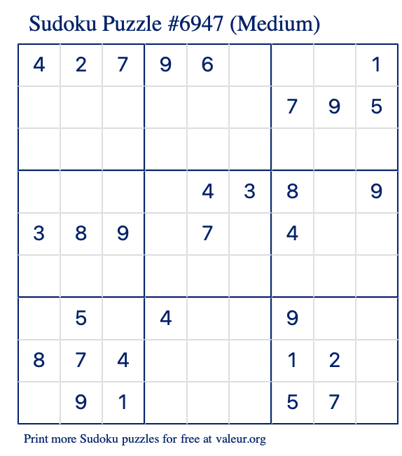 Free Printable Medium Sudoku Puzzle number 6947