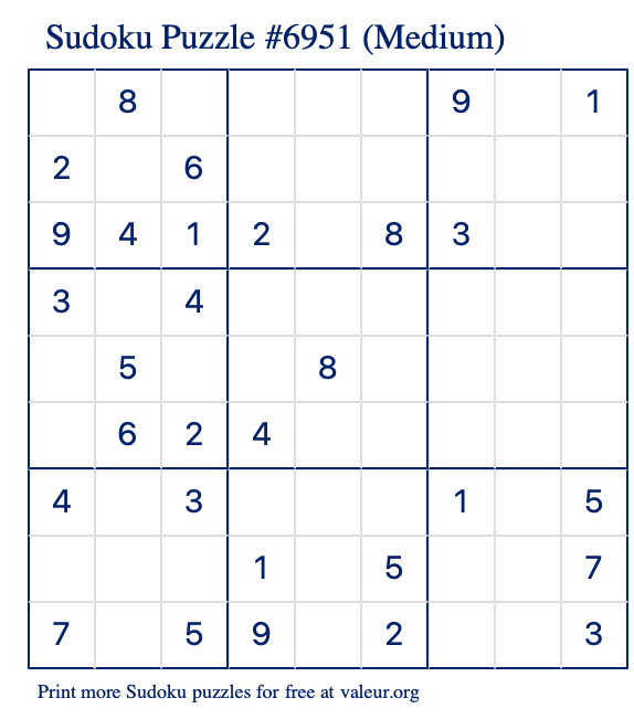 Free Printable Medium Sudoku Puzzle number 6951