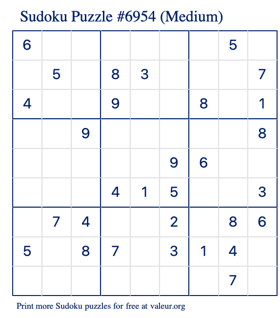 Free Printable Medium Sudoku Puzzle number 6954