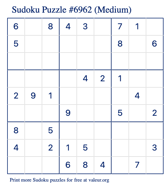 Free Printable Medium Sudoku Puzzle number 6962