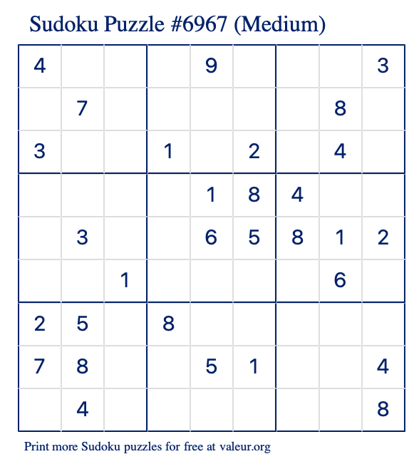 Free Printable Medium Sudoku Puzzle number 6967