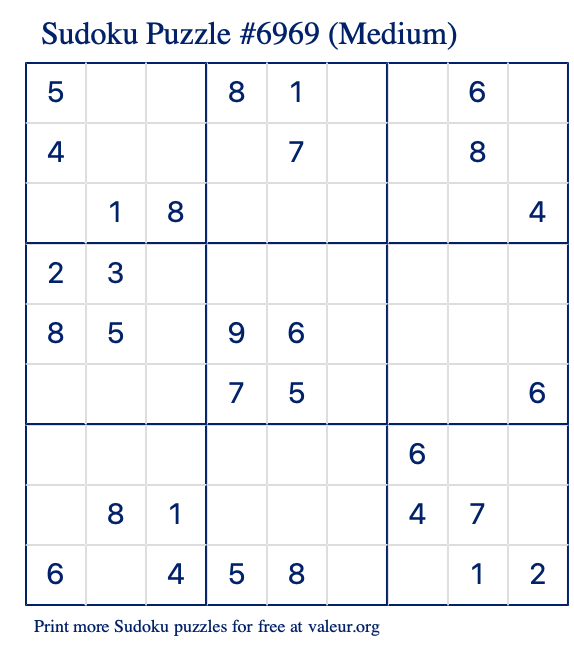 Free Printable Medium Sudoku Puzzle number 6969