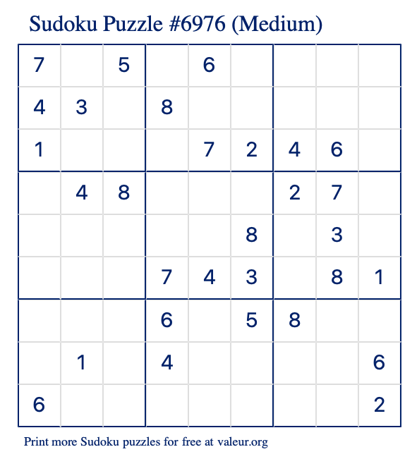 Free Printable Medium Sudoku Puzzle number 6976