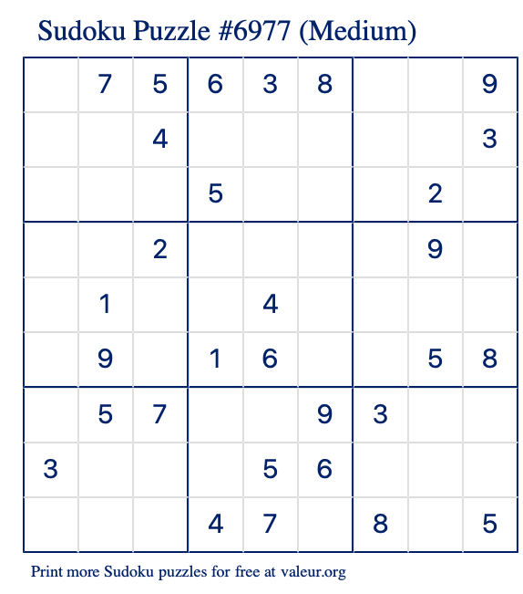 Free Printable Medium Sudoku Puzzle number 6977