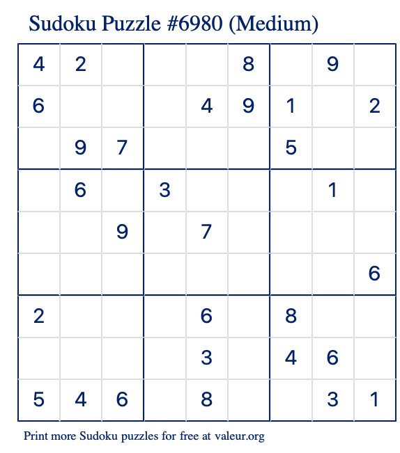 Free Printable Medium Sudoku Puzzle number 6980