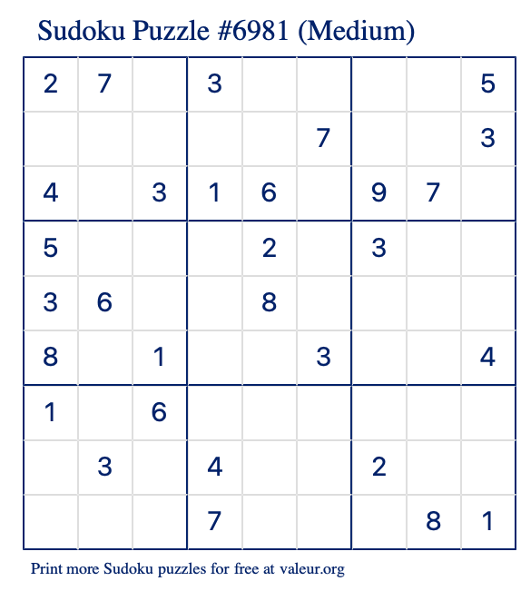 Free Printable Medium Sudoku Puzzle number 6981