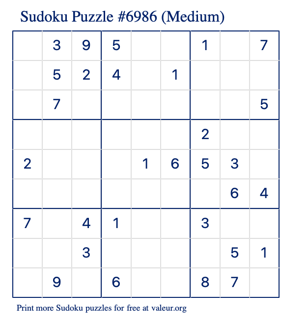 Free Printable Medium Sudoku Puzzle number 6986