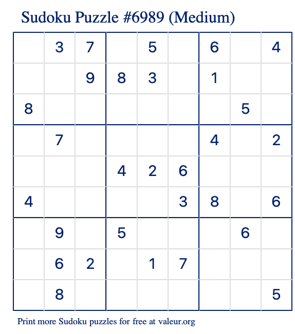 Free Printable Medium Sudoku Puzzle number 6989