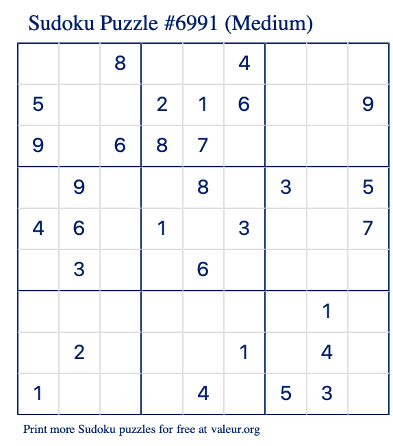 Free Printable Medium Sudoku Puzzle number 6991