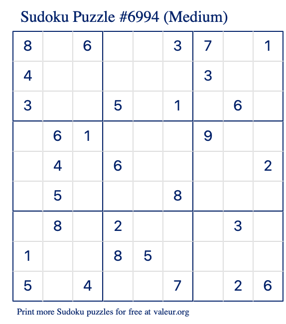 Free Printable Medium Sudoku Puzzle number 6994