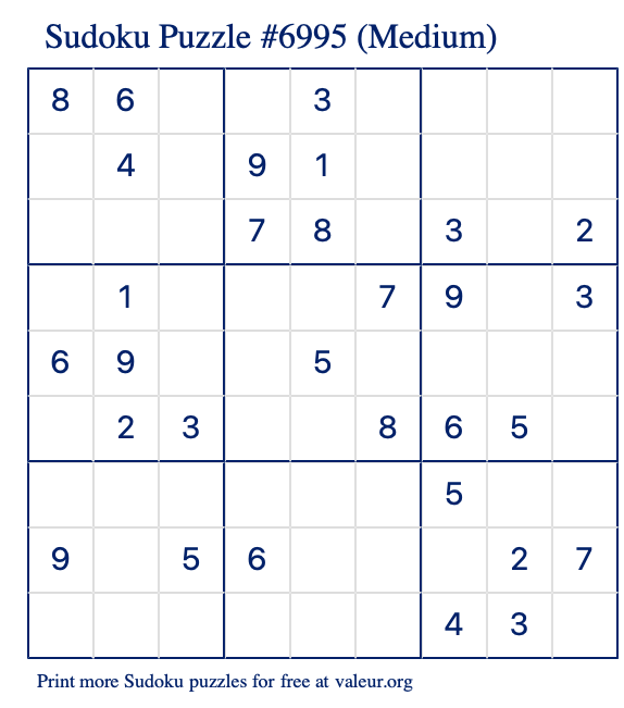 Free Printable Medium Sudoku Puzzle number 6995