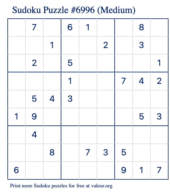 Free Printable Medium Sudoku Puzzle number 6996