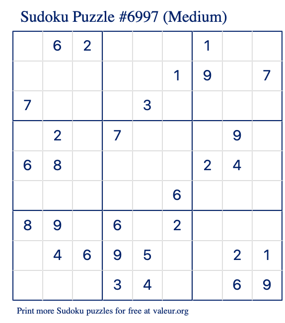 Free Printable Medium Sudoku Puzzle number 6997