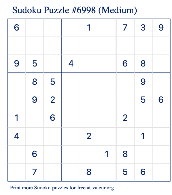 Free Printable Medium Sudoku Puzzle number 6998