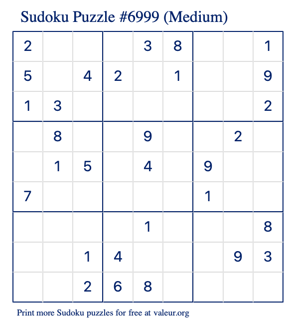 Free Printable Medium Sudoku Puzzle number 6999