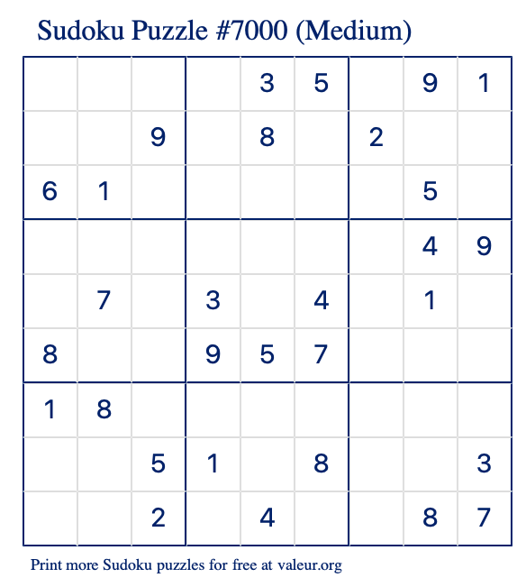 Free Printable Medium Sudoku Puzzle number 7000