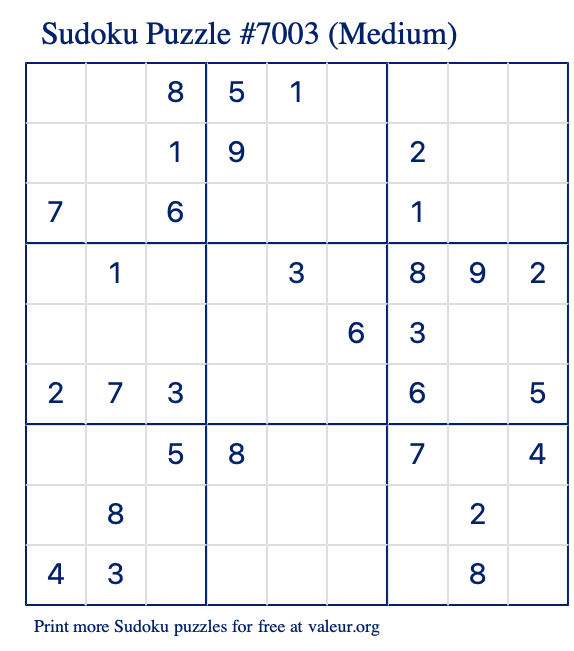 Free Printable Medium Sudoku Puzzle number 7003
