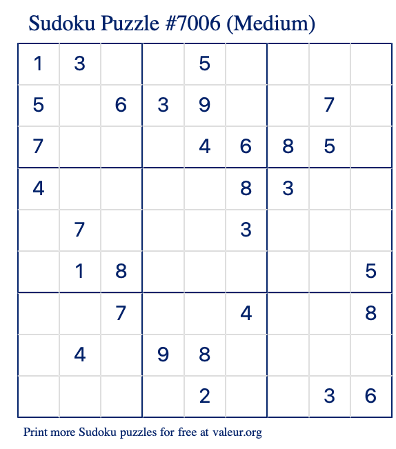Free Printable Medium Sudoku Puzzle number 7006
