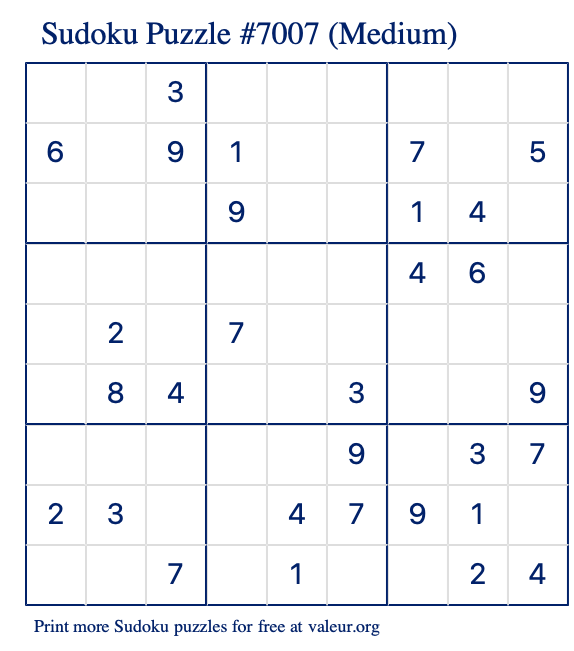 Free Printable Medium Sudoku Puzzle number 7007