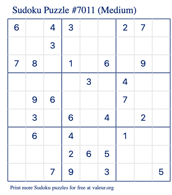 Free Printable Medium Sudoku Puzzle number 7011