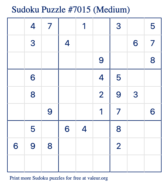 Free Printable Medium Sudoku Puzzle number 7015