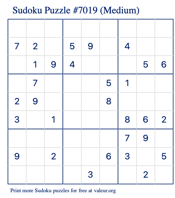 Free Printable Medium Sudoku Puzzle number 7019