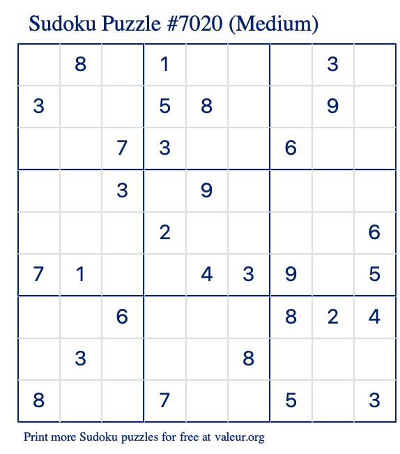 Free Printable Medium Sudoku Puzzle number 7020