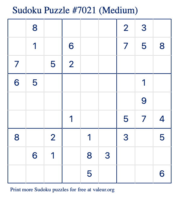 Free Printable Medium Sudoku Puzzle number 7021