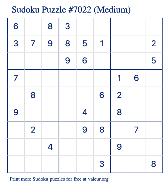 Free Printable Medium Sudoku Puzzle number 7022