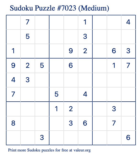 Free Printable Medium Sudoku Puzzle number 7023