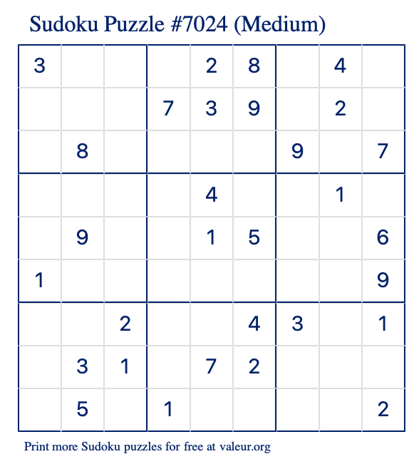 Free Printable Medium Sudoku Puzzle number 7024