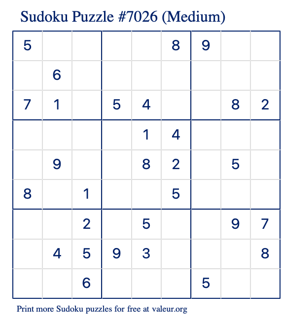 Free Printable Medium Sudoku Puzzle number 7026