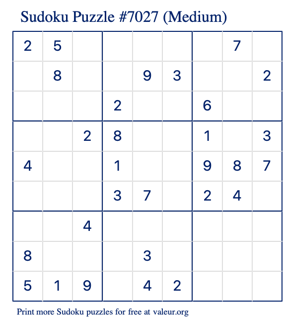 Free Printable Medium Sudoku Puzzle number 7027