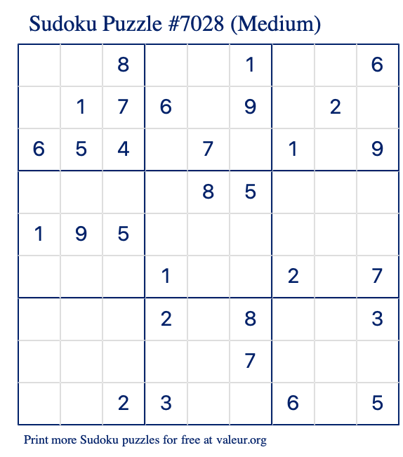 Free Printable Medium Sudoku Puzzle number 7028